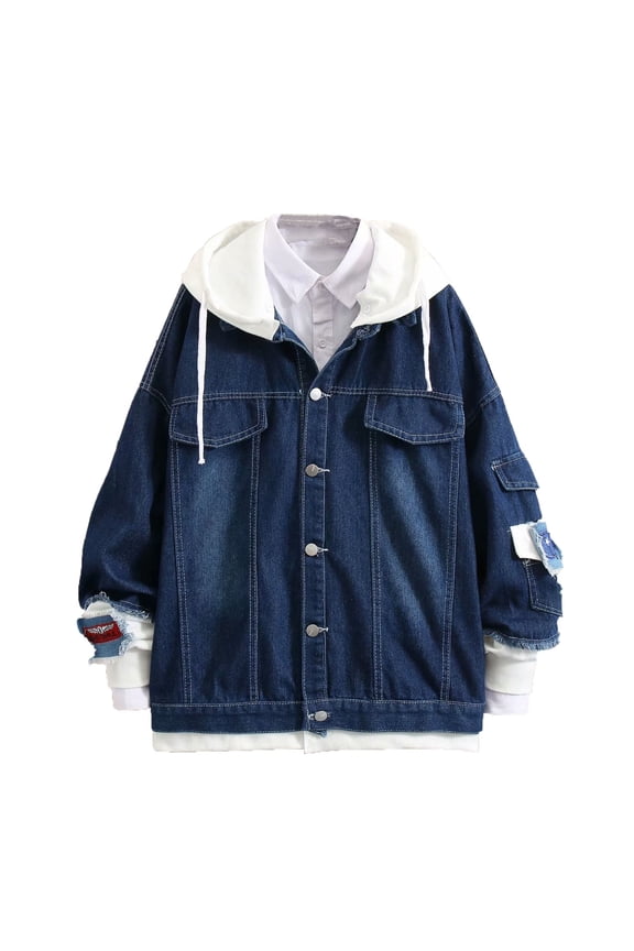 Jean Jacket With Hood,Jean Jackets,Distressed Denim Jacket With Detachable Hood Casual Loose Fit Streetwear Style Two Piece Washed Coat For