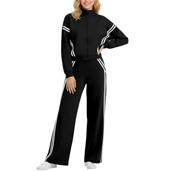 sususu Jogger Sets for Women 2 Piece,Sweat Set Stylish Women's Two Piece Tracksuit Set Comfortable Zip Up Jacket And Wide Leg Jogger Pants With Contrast Stripes Design For Everyday Wear - Black