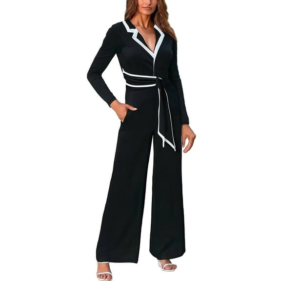 sususu Jumpsuits for Women Dressy Casual Lapel Deep V Neck Long Sleeve Jumpsuit Rompers with Belt Elegant Solid Color Onesie ,Black,S