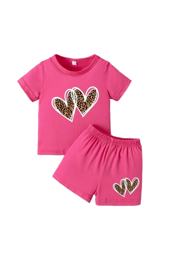 Leopard Print Heart Graphic Toddler Girl Outfit Set Casual Summer Playwear Top And Shorts For Baby,Hot Pink,6-9 Months