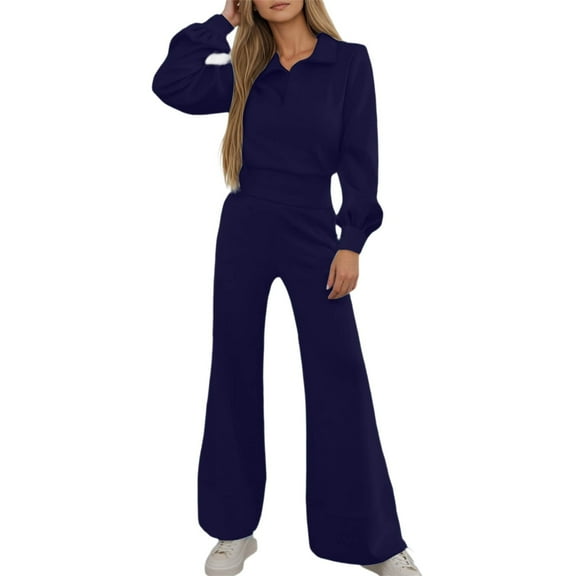 sususu Loungewear Sets Woman,Sweat Set Fall Winter Women Two Piece Outfit Long Sleeve Crewneck Top with Wide Leg Trousers Casual Travel Matching Suit Set - Navy