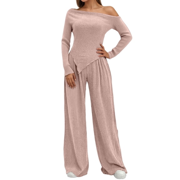 sususu Matching Sets,Lounge Set Women's Two Piece Comfort Outfit Relaxed Drop Shoulder Tee with Flowy Wide Leg Pants Soft Casual Wear Set for Everyday - Pink