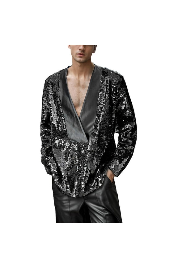 Men Casual Blazer,Suit Jacket,V-Neck Pullover Stage Performance Jacket With Three Sequins and Satin Splicing for Events