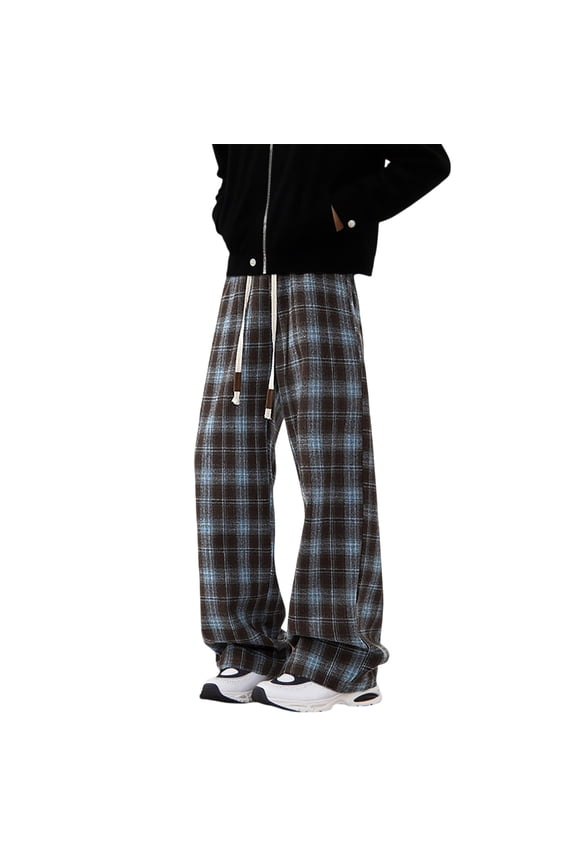 Men Travel Pants Lightweight,Men's Plaid Print Wide Leg Trousers Loose Fitting Everyday Casual Straight Pant Comfortable,Coffee,L