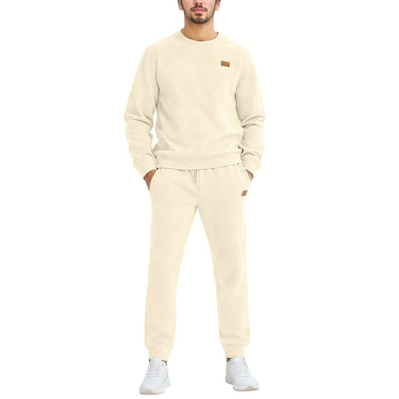 sususu Men's Casual Suit Jacket,Men's Knitted Two Piece Suit Set Relaxed Fit Jacquard Crewneck Sweater And Trousers for Everyday Wear And Modern Style - Beige