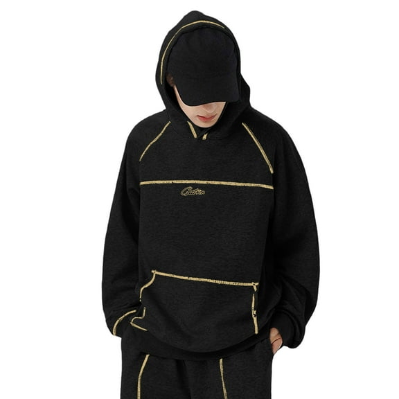 sususu Men's Hoodies 3X Retro Style Contrast Color Embroidery Oversized Hoodie With Topstitch Design For Autumn Winter Casual Athletic Wear,Black,L