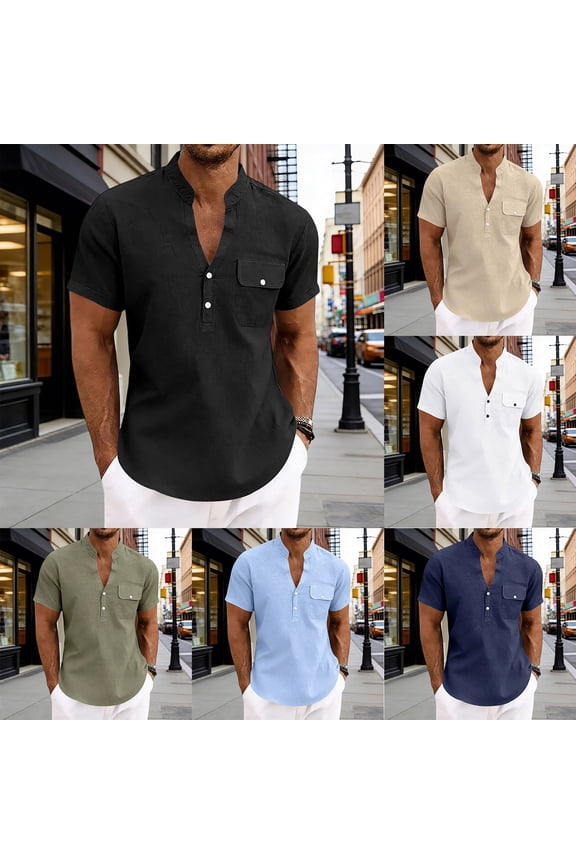 Men's Linen Shirts Short Sleeve Casual Shirts Button Down Shirt for Men Beach Summer Wedding Shirt Army Green L