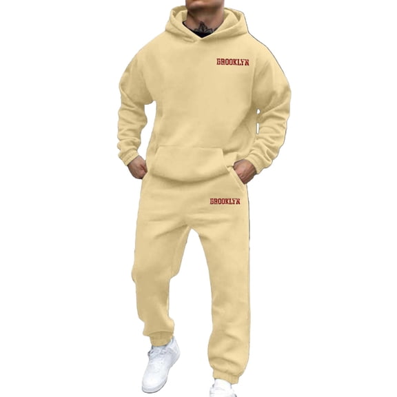 sususu Men's Suit 2 Piece,City Name Hooded Sweatshirt Casual Athletic Streetwear Jogger Outfit With Hoodie And Pants - Khaki
