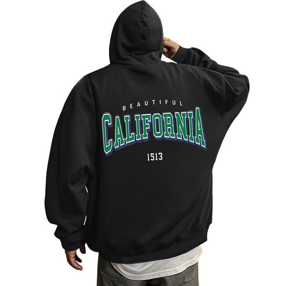 sususu Mens Black Hoodies Small Letter Print Hooded Sweatshirt Casual Pullover With Front Pocket Comfortable Streetwear For Daily Wear,Black,L