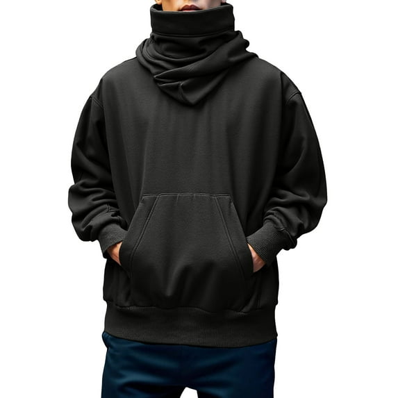 sususu Mens Black Hoodies Small Oversized High Neck Pullover Hoodie Casual Streetwear For Youth Fashion Sweater Jacket,Black,M