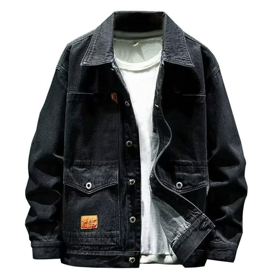sususu Mens Denim Jacket,Black Denim Jacket,Loose Fit Workwear Denim Jacket Spring Casual Large Size Reversible Collar Coat