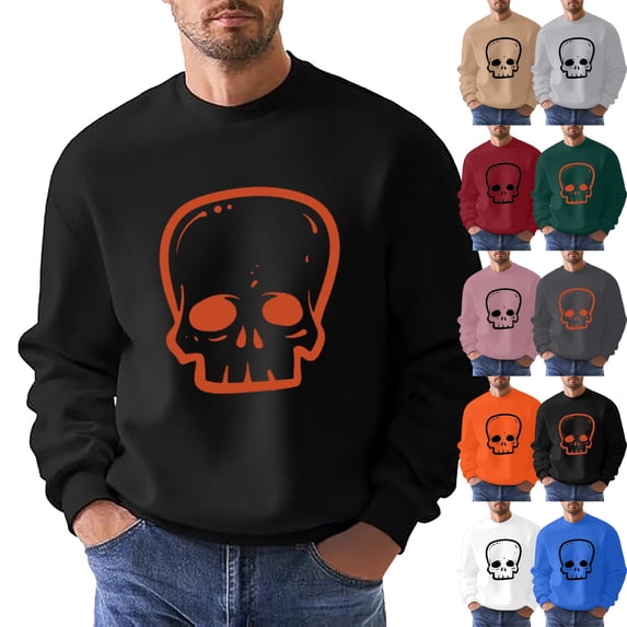 sususu Mens Halloween SKull Graphic Sweatshirts Spooky Season Long Sleeve Crew Neck Pullover S