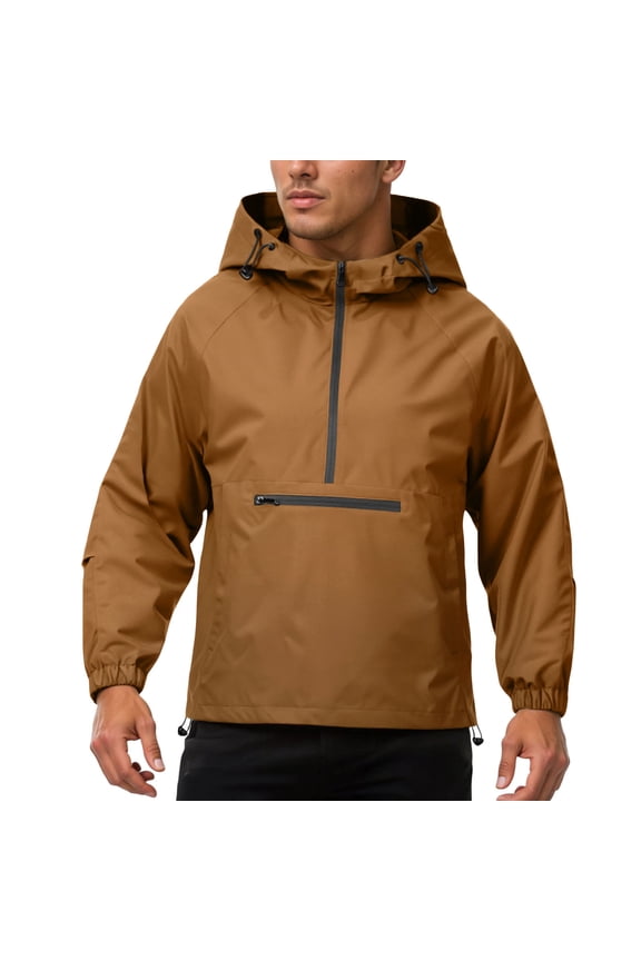 Mens Jacket Puffer,Half Zip Hooded Jacket Windproof Water Casual Outdoor Sports Pullover Lightweight Comfortable Athletic,Khaki,S