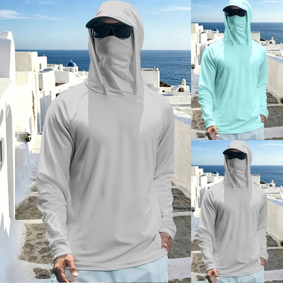 sususu Mens Rash Guard Hooded Lightweight Jacket Long Sleeve Swimming Fishing Light Gray XXXL