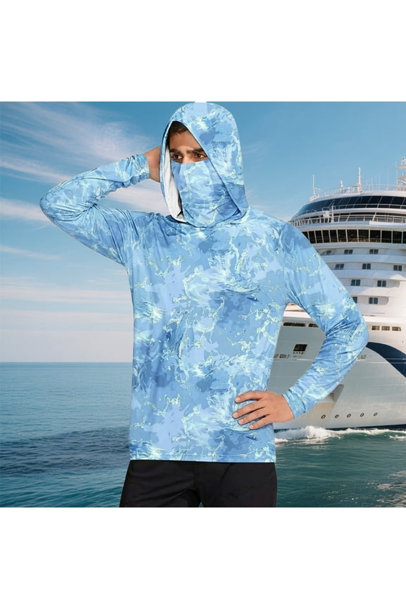 Mens Rash Guard Long Sleeve Athletic T Shirts Hooded Loose Fit Light Blue M