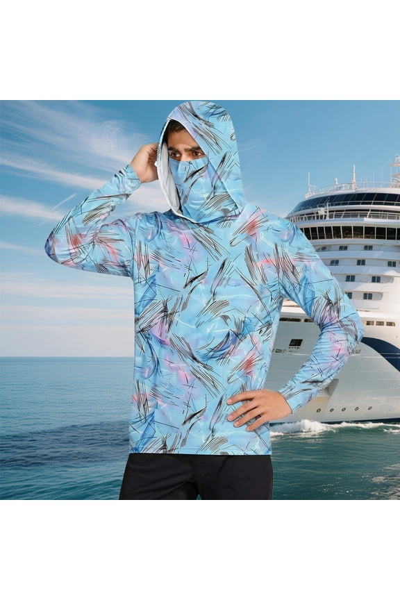 Mens Rash Guard Long Sleeve Hiking T Shirts Hooded Quick Dry Sky Blue L