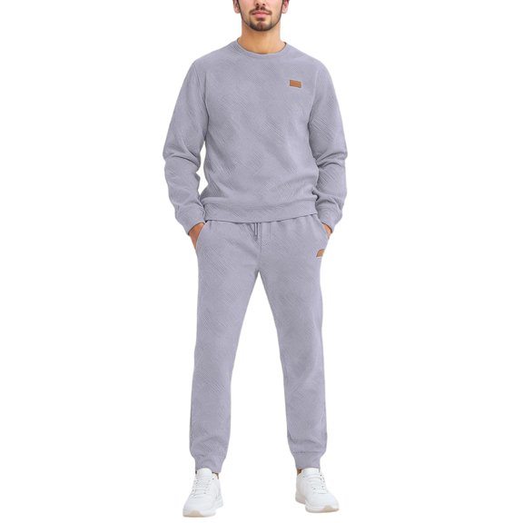 sususu Mens Suits Classic Fit 2 Piece,Men's Knitted Two Piece Suit Set Relaxed Fit Jacquard Crewneck Sweater And Trousers for Everyday Wear And Modern Style - Grey