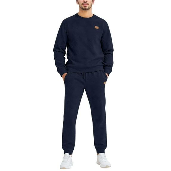 sususu Mens Suits Classic Fit,Men's Knitted Two Piece Suit Set Relaxed Fit Jacquard Crewneck Sweater And Trousers for Everyday Wear And Modern Style - Navy