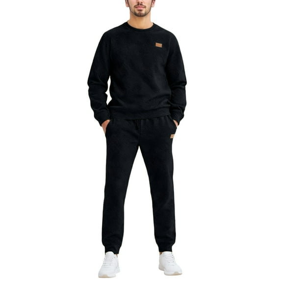 sususu Mens Suits Regular Fit 2 Piece,Men's Knitted Two Piece Suit Set Relaxed Fit Jacquard Crewneck Sweater And Trousers for Everyday Wear And Modern Style - Black