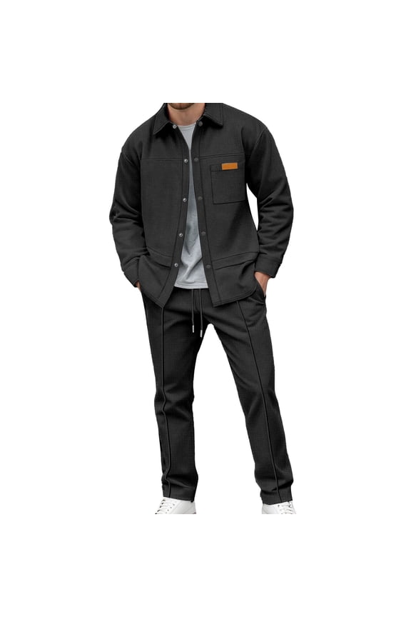 Mens Suits Slim Fit 2 Piece,Men's Autumn Winter Flight Jacket Set with Texture for Modern Versatile Style and Everyday Comfort - Black