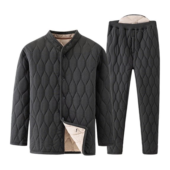 sususu Mens Suits Slim Fit 2 Piece,Thermal Flannel Winter Wear Set for Senior Men Cozy Padded Jacket And Trousers Outfit Comfortable Daily Casual Attire - Black
