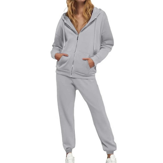 sususu Pants Sets Women 2 Piece Outfits,Fashion Clothing Fashion Solid Color Hooded Sweatshirt High Waist Drawstring Pants Two Piece Tracksuit Set Comfortable Outfit for Wear - Light Gray
