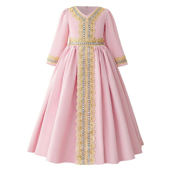 sususu Pink Toddler Dress Elegant Embroidered Belted Robe Dress For Girls Traditional Abaya Gown With Delicate Lace Trim Party Wear Dress Up Clothes for Girls