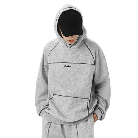 sususu Pullover Hoodies for Men Black Retro Style Contrast Color Embroidery Oversized Hoodie With Topstitch Design For Autumn Winter Casual Athletic Wear,Grey,M