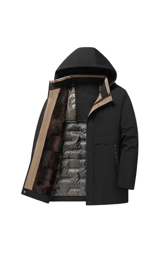 Rain Coat Men ,Casual Winter Jacket With Detachable Hood Warm Lined Outerwear For Cold Weather Windproof Thermal Insulated Coat,Black,L