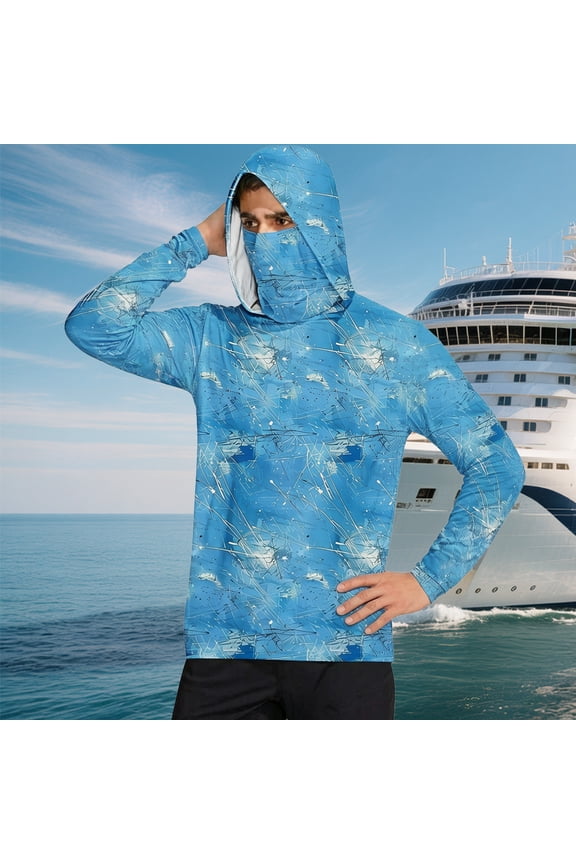 Rash Guard for Men Long Sleeve Hiking T Shirts Hooded Loose Fit Sky Blue L