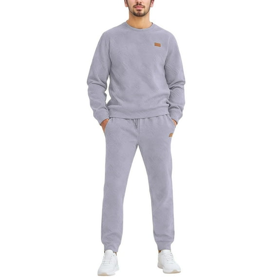sususu Slim Fit Men's Suit,Men's Knitted Two Piece Suit Set Relaxed Fit Jacquard Crewneck Sweater And Trousers for Everyday Wear And Modern Style - Grey
