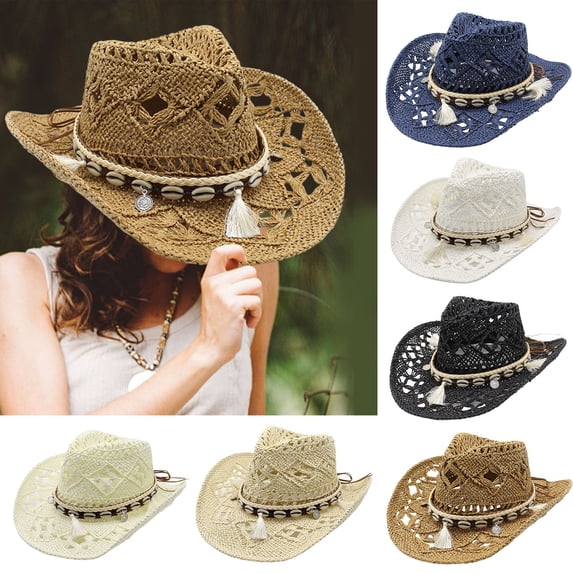 sususu Straw Cowboy Hat, Western Cowgirl Hat, Wide Brim Sun Beach Hat for Women Light Yellow