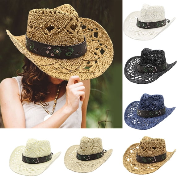 sususu Straw Cowboy Hat for Women, Cowgirl Hat with Decorative Bands, Wide Brim Woven Sun Hat Western Cowboy Hat White