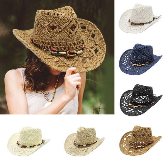 sususu Straw Cowboy Hat for Women Western Cowgirl Hat Wide Brim Classic Sun Hats Outdoor Beach Hat Hats White