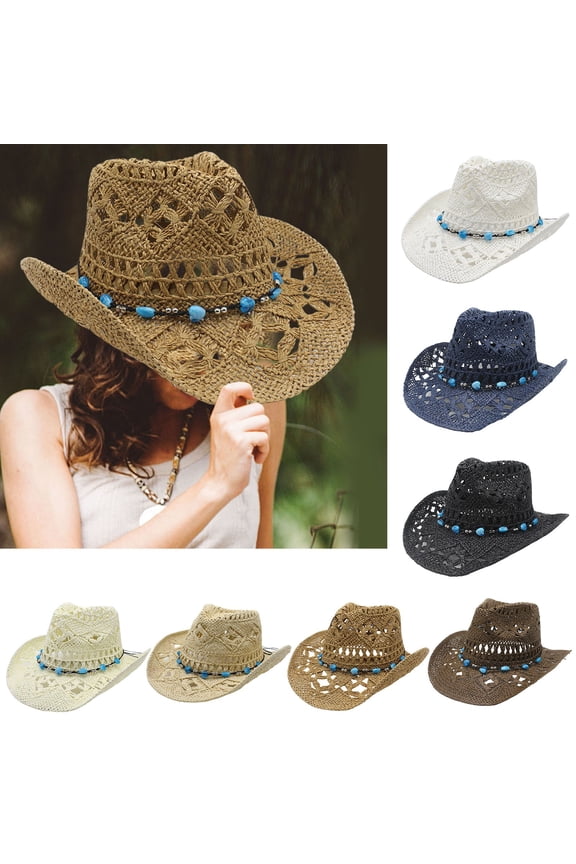Straw Cowboy Hat for Women with Shapeable Wide Brim Sun Beach Western Cowgirl Hats White