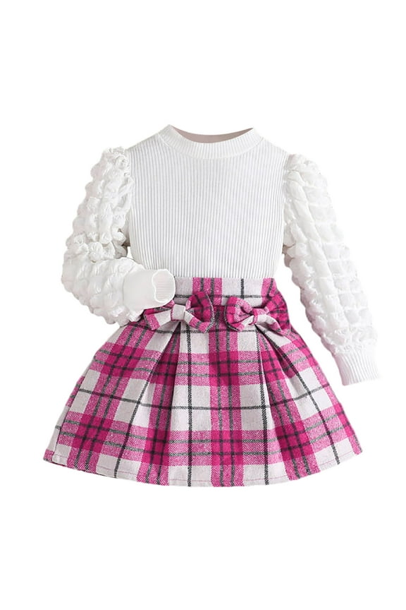 Stylish Baby Girl Long Sleeve Plaid Print Top with Bow Detail Skirt Two Piece Outfit Set ,Hot Pink,4-5 Years
