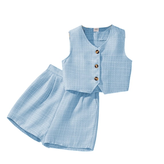 sususu Stylish Girls Outfits 2 piece Summer Casual Wear Set Fashionable Solid Color Vest And Shorts Two Piece Outfit For Youth,Sky Blue,11-12 Years