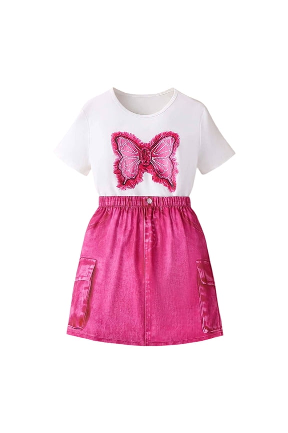 Stylish Girls Outfits 2 piece Summer Two Piece Set Floral Print Short Sleeve Top and Denim Skirt Toddler Playwear Outfit,Red,10-11 Years