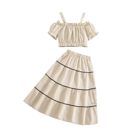 sususu Stylish Off Shoulder Top and High Waist Ruffle Hem Skirt Casual Summer Outfit Set for Teenage Girls Outfits 2 piece ,Beige,7-8 Years