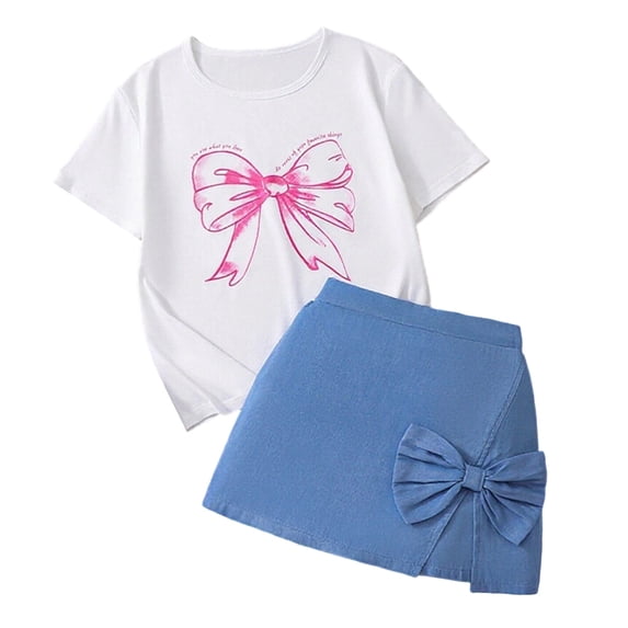 sususu Stylish Summer Two Piece Outfit for Girls Outfits 2 piece Featuring a Bow Top and Denim Skort Casual Toddler Play Set,White,10-11 Years