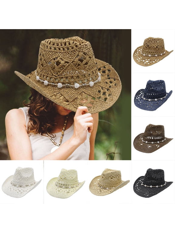 Sun Hat Sun Hats for Women Packable , Large Sun Hats for Women Stylish Summer Western Cowboy Hat for Women and Men Adjustable Shapeable Straw Sun Hat with Breathable Hollow Design White