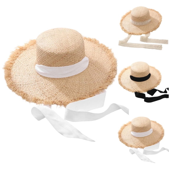 sususu Sun Protection Hat , Summer Accessories , Spring Hats for Women Stylish Summer Women's Wide Brim Raffia Sun Hat Featuring Adjustable Chin Strap For Beach Travel And Outdoor Sun White