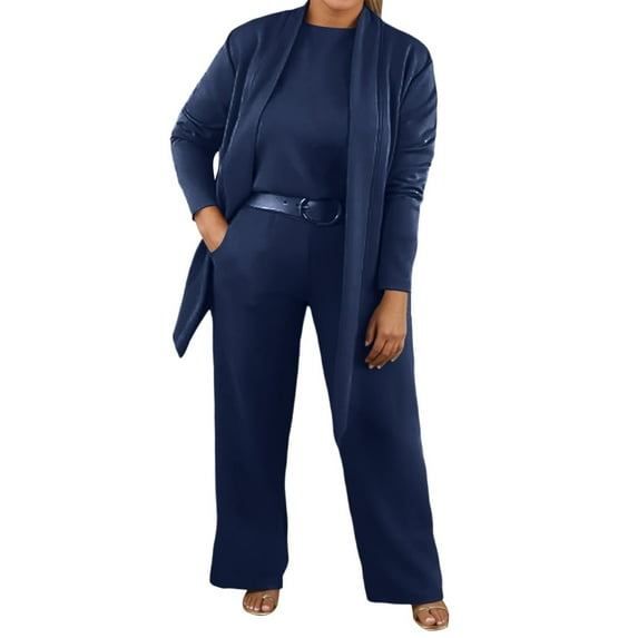 sususu Sweat Set for Women,Matching Set Women's Solid Color Casual Tunic Top Straight Leg Trousers Mid Long Jacket Three Piece Suit Set For Everyday And Outdoor Wear - Blue