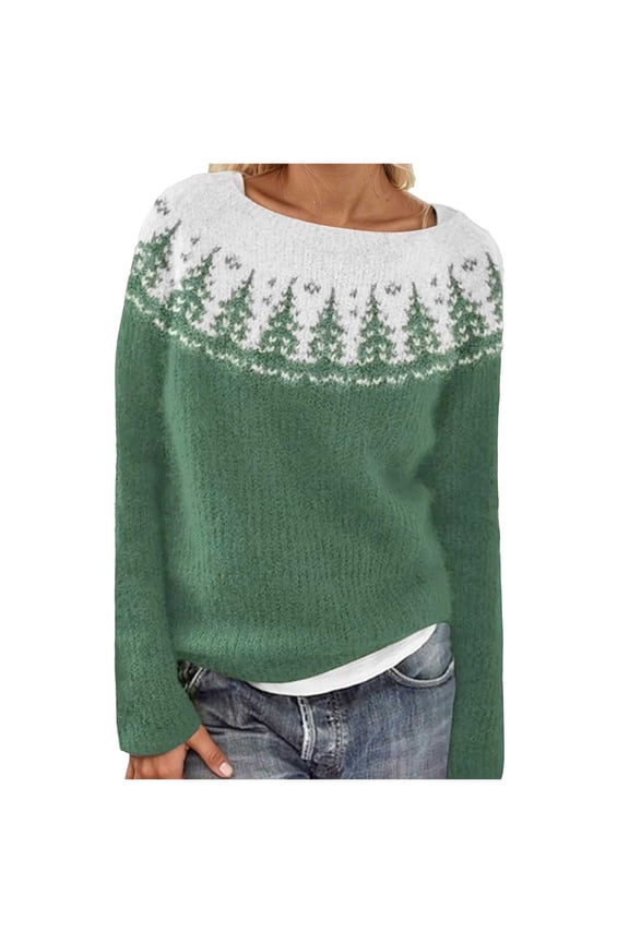 Sweaters for Women Fair Isle Ethnic Argyle Sweater Colorful Striped Long Sleeve Boat Neck Pullover Jumper Tops,A01-Green,XXXXL