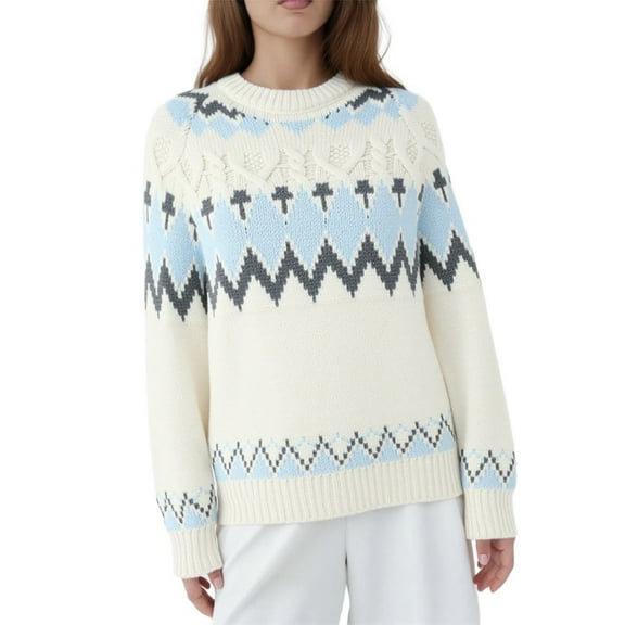 sususu Sweaters for Women Fair Isle Ethnic Argyle Sweaters Colorful Long Sleeve Boat Neck Pullover Jumper Top,A03-White,L