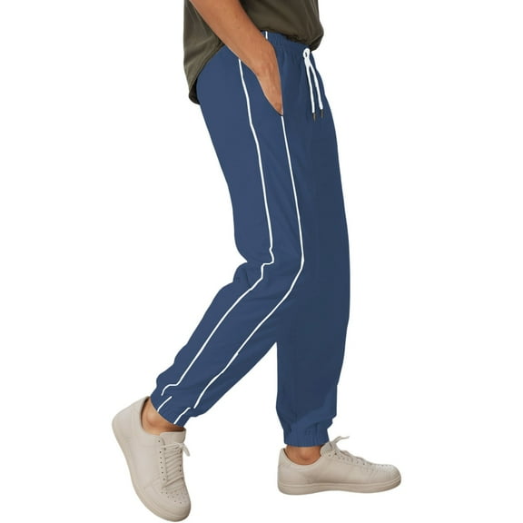 sususu Sweatpants For Men Open Bottom,Men's Striped Athletic Casual Trousers with Drawstring Waist and Functional Pockets for Everyday Wear,Navy,XL