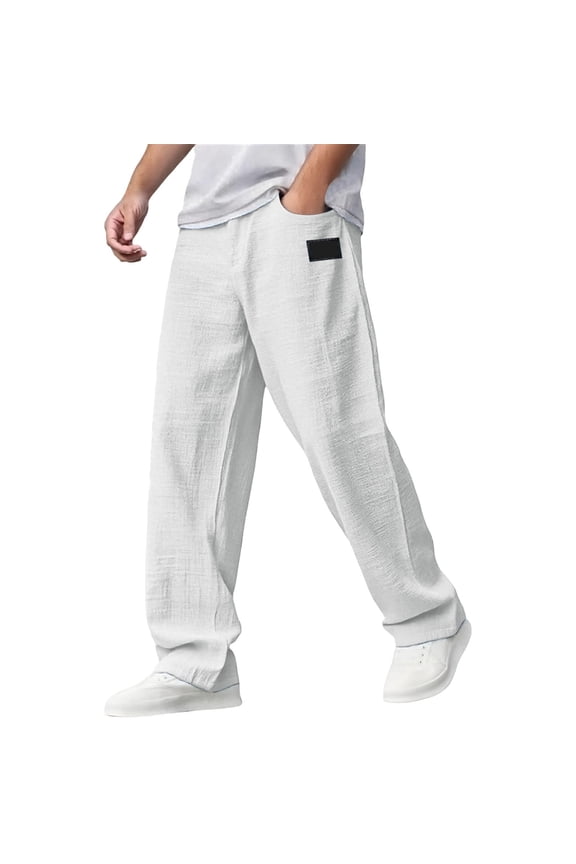 Sweatpants Men Cotton,Men's Casual Lightweight Embroidered Logo Drawstring Loose Fit Waist Pocket Long Trousers For Everyday Outdoor Wear,White,S
