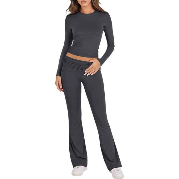 sususu Sweatsuits Women 2 Piece Outfit,Sets for Women Women Knitted Trousers Suit Long Sleeve Top and Pants Outfit Summer Casual Solid Color Slim Fit Comfortable Two Piece Set - GY2