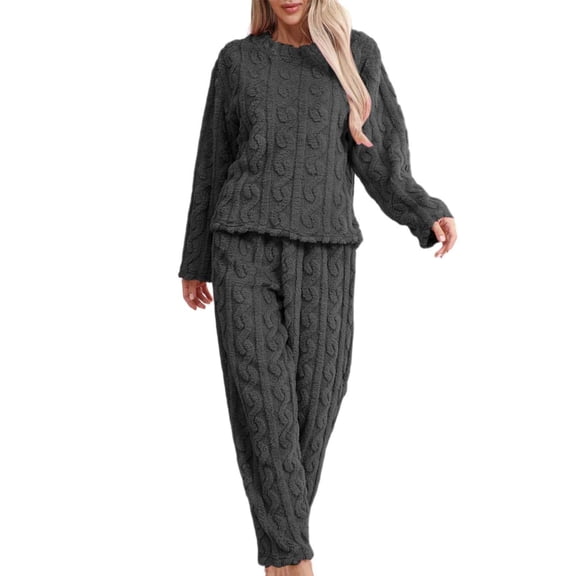 sususu Sweatsuits Women 2 Piece Outfit,Sets for Women Women Solid Casual Striped Flannel Wear Pajamas Set Comfortable Soft Warm Home Outfit Cozy Two Piece Ensemble - Grey