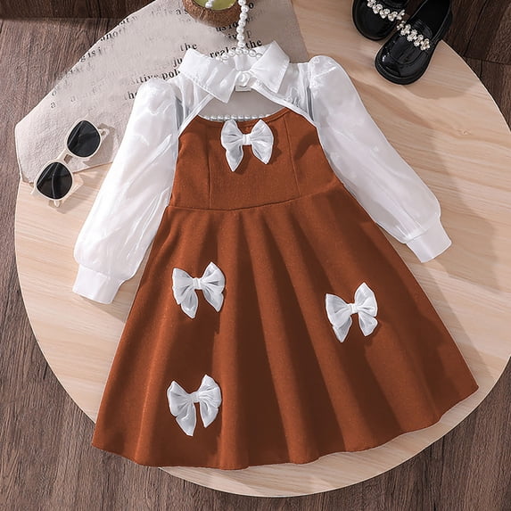 sususu Toddler Girl Dresses Retro Long Sleeve Breathable Dress with Satin Bowknot Black 5-6 Years